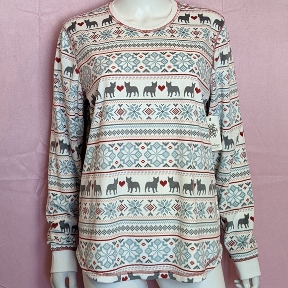 PJ Salvage White Dogs Soft Long Sleeve Crew Neck Pajama Top - Picture 1 of 8